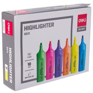 Resaltador Deli Accent S621 con punta cincel 1–5 mm y tinta fluorescente muy brillante. Bajo olor, no tóxico y resistente a la decoloración