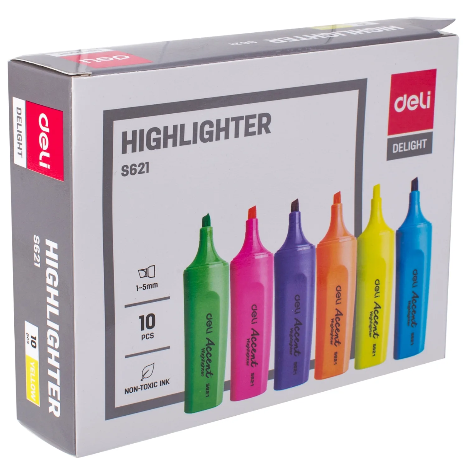 Resaltador Deli Accent S621 con punta cincel 1–5 mm y tinta fluorescente muy brillante. Bajo olor, no tóxico y resistente a la decoloración