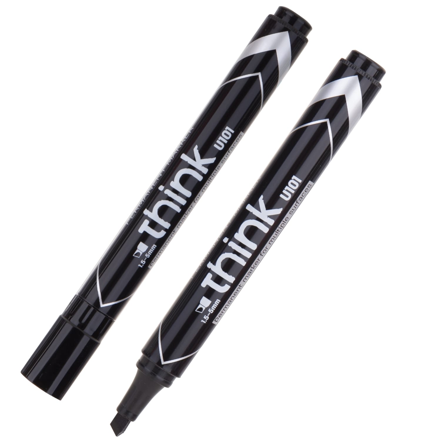 Marcador permanente Deli Think negro con punta cincel 1.5–5 mm. Secado instantáneo, resistente a la decoloración e impermeable.