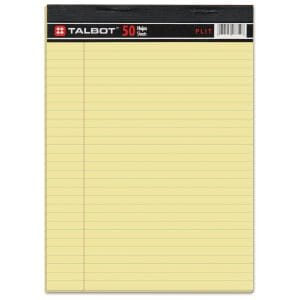 Libreta rayada amarilla Talbot 8.5 x 11 con 50 hojas resistentes y fáciles de arrancar. Perfecta para tomar notas, hacer listas y organizar tu día en la oficina, escuela o hogar