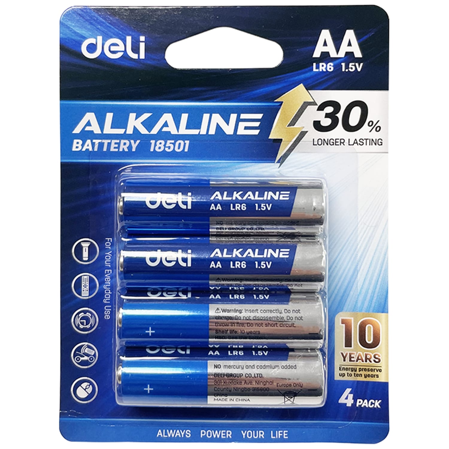 Pila Batería Alcalina AA 1.5V, 4 pcs paquete - Deli 18510 (1)