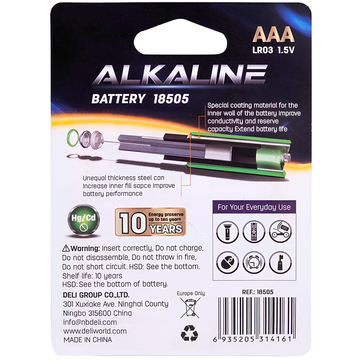 Pila Batería Alcalina AA 1.5V, 4 pcs paquete - Deli 18510